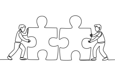 Bu tek çizgi, yapboz parçalarını birleştirmek için birlikte çalışan iki kişiyi gösteriyor. Her kişi büyük bir yapboz parçasını yerine yerleştiriyor ve daha büyük bir görüntü oluşturuyor. Minimalist stil, takım çalışması ve problem çözme kavramlarını vurgular.