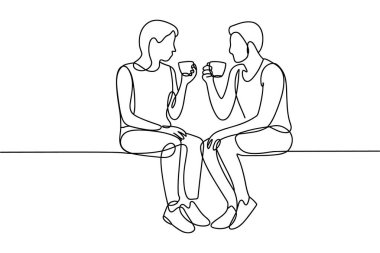 Minimalist tek bir çizgi, yan yana oturan iki insanı tasvir ediyor, her biri bir kupa tutuyor ve sohbet ediyor gibi görünüyor. Şekiller, basit ve modern estetiği vurgulayan beyaz arka planda sürekli siyah çizgilerle oluşturulmuştur..