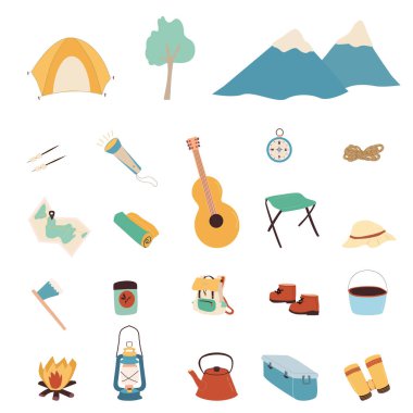camping set collection by summer time. Vector illustration on white bacground, compass camp lamp backpack fire