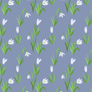 Snawdrops ile kusursuz desen. Çiçek ve yaprak gibi bitkisel elementlerin vektör arkaplanı. Bahar geldi..