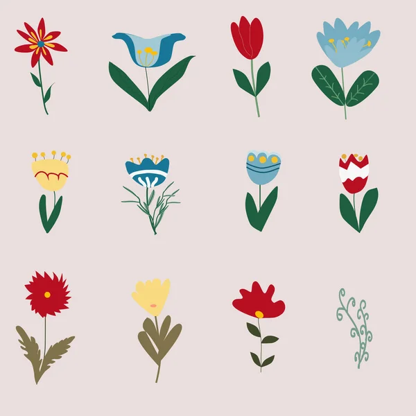 Όμορφη Συλλογή Λουλουδιών Τουλίπα Κρόκο Φύλλα Καλέντουλα Σετ Λουλουδιών Εικονογράφηση — Διανυσματικό Αρχείο