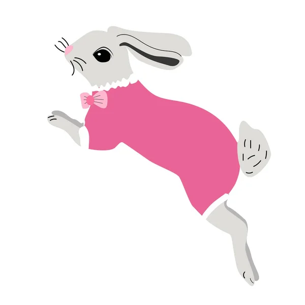 Beyaz Arka Planda Pembe Elbiseli Sevimli Bir Tavşancık Zıplıyor Vektör — Stok Vektör
