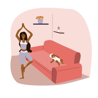 Tatlı Afro-Amerikan kadınları meditasyon yapıyor, evde yoga yapıyor, küçük bebek uyuyor. Vektör çizimi, genç anneler için evinizde dinlenin.
