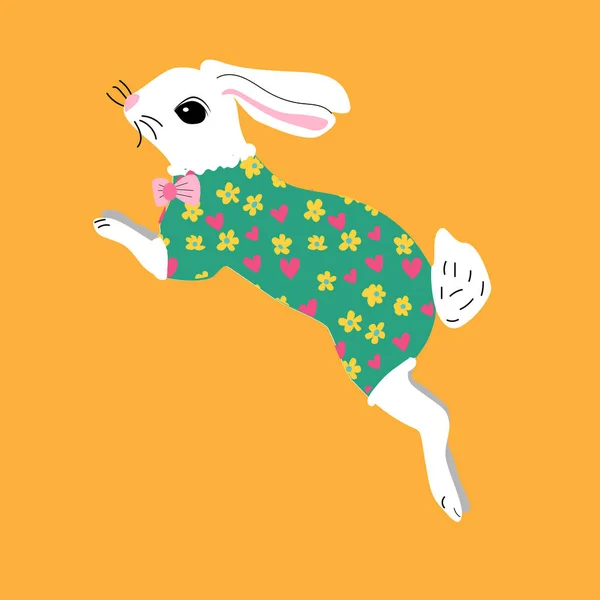 Белый Мультяшный Кролик Прыжке Векторная Иллюстрация Поздравительной Открытки Баннера Флаера — стоковый вектор