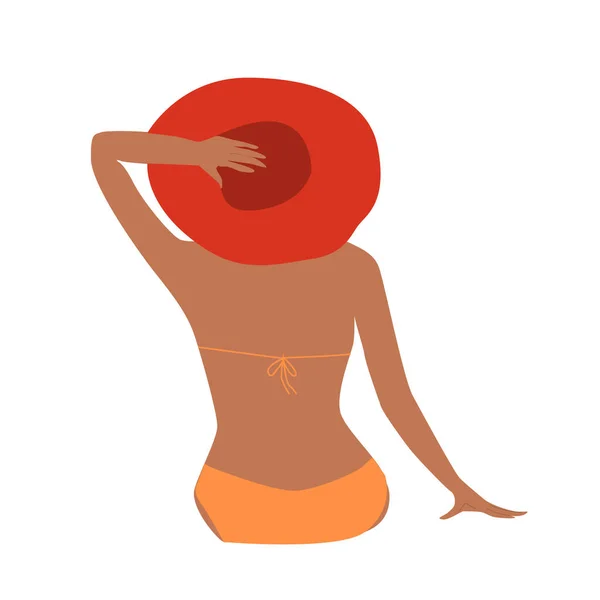 Şapkalı Bir Kadın Kumsalda Sırtı Dönük Oturuyor Şapkadaki Seksi Figürün — Stok Vektör