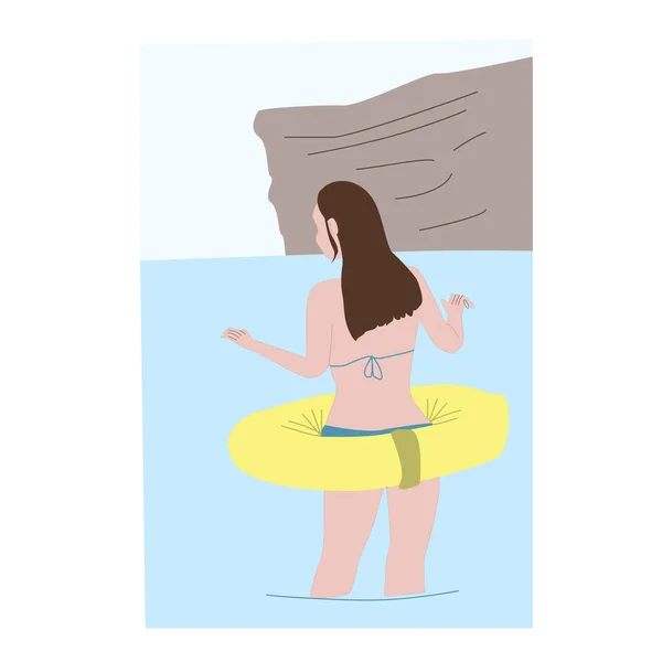 岩を背景にビーチで膝の深さの女の子 布や紙に印刷するための風景ベクトル図 — ストックベクタ