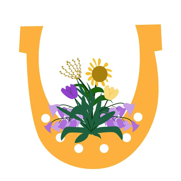 Hufeisen Mit Einem Strauß Rustikaler Blumen Vektorillustration Auf Weißem Hintergrund — Stockvektor