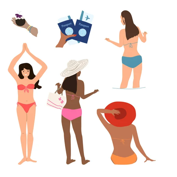 Bikinili Farklı Irktan Kadınlar Farklı Pozlarda Çizgi Film Düz Stiliyle — Stok Vektör