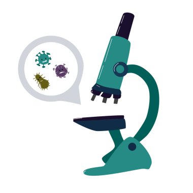 Tıbbi konsept mikroskop ve virüslü bakteri. Kawai çizgi film tarzında vektör illüstrasyonu