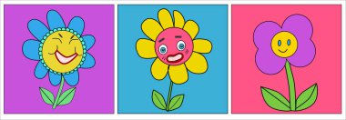 Gülen yüzlü retro çiçek posterleri. Renkli bir arkaplanda vektör çizimi. Yazdırma tekstili ve afişler için kullanılabilir.