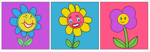 Zestaw Plakatów Retro Kwiatami Uśmiechniętymi Twarzami Ilustracja Wektora Kolorowym Tle — Wektor stockowy
