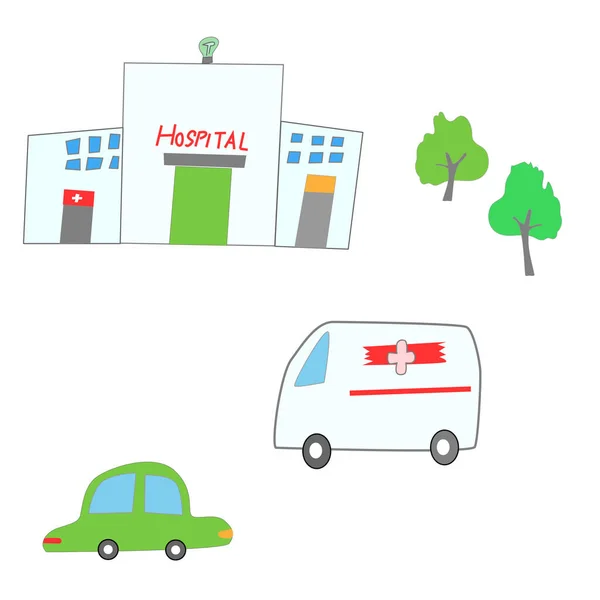 Conjunto Iconos Una Ambulancia Edificio Del Hospital Coche Con Árboles — Vector de stock