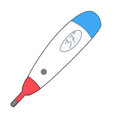 Vektör ikon termometresi karalama el çizimi tarzında izole edildi. Çocuk eğitim illüstrasyonları, tıbbi siteler ve sosyal ağlar için kullanılabilir. Çocukların paketlenmesi için uygun tıbbi ekipman, oyunlar. 