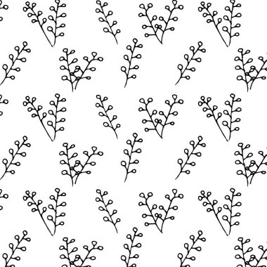 Beyaz arka planda yaprakları ve dalları olan basit bir botanik deseni. Sitenin arka planını dekore etmek için kullanışlıdır, indirimli bir pankart, tekstil üzerine baskı, ambalaj tasarımı için