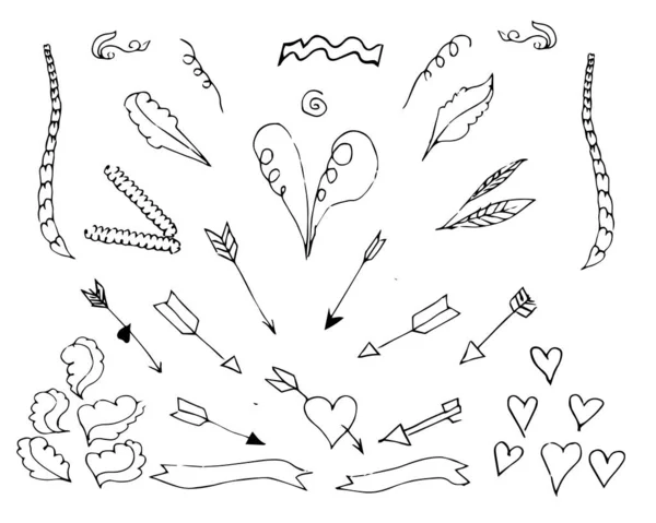 Set Van Liefde Doodle Elementen Met Pijlen Harten Andere Bloemen — Stockvector