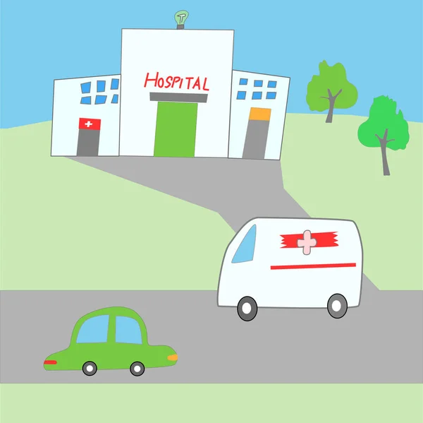 Paisaje Con Hospital Coche Ambulancia Ilustración Vectorial Estilo Dibujos Animados — Vector de stock