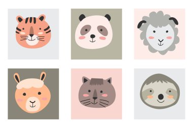 İskandinav stili içinde sevimli basit portre hayvanları. Vektör çizimi - set kaplanı, panda, miskin hayvan, alpaka, kedi ve koyun. Çocuk posteri, kartlar, çocuk odası dekorasyonu için basit hayvanların yüzü uygun.. 