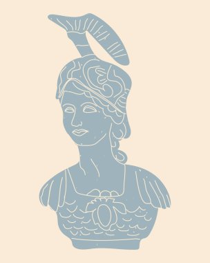 Tanrıça Athena 'nın Yunan bir kadınının antik heykeli. Geçmişe dönük vektör illüstrasyonu grunge tarzında. Çizgi film tarzında mermer göğüs çizimi. Kasklı Yunan kadın, modern tarzda..