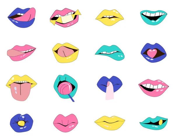 ポップアートスタイル90年代のトレンディな唇のセット 白い背景に隔離されたベクトルイラスト — ストックベクタ