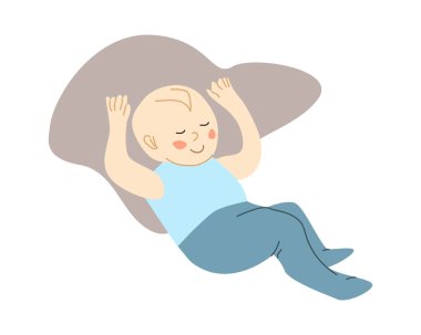 Mavi kolsuz tişörtlü ve kaygan sevimli bir bebek. Vektör illüstrasyonu