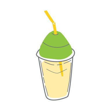 Saman ve kapaklı şeffaf bardak, sarı limonata. Vektör illüstrasyonu izole edildi. Saman ile yaz içeceği. 