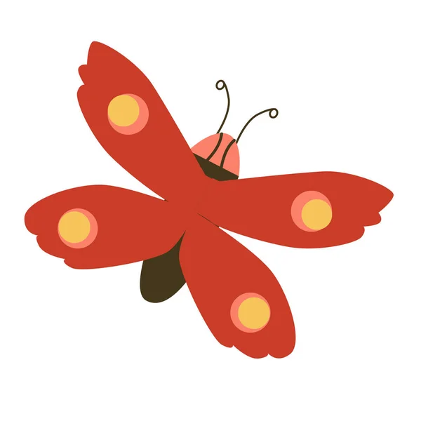 Lindo Icono Mariposa Roja Sobre Fondo Blanco Con Puntos Amarillos — Vector de stock