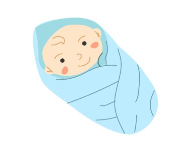 Yeni doğmuş bebek, battaniyeye sarılmış. Sevimli erkek bebek. Vektör çizimi izole edildi. 