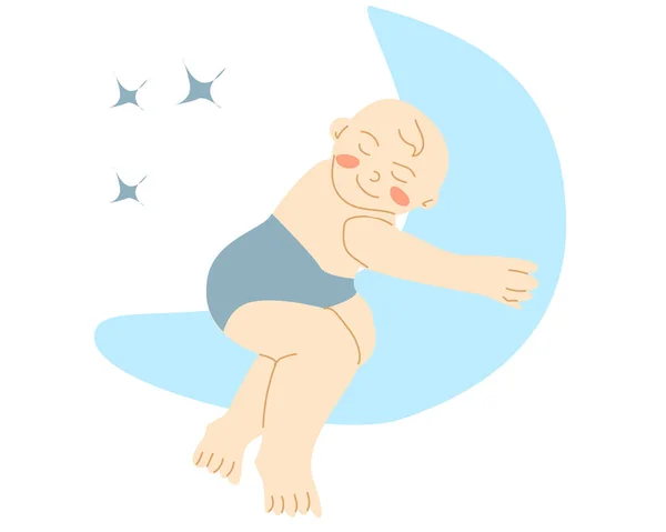 Мультяшний Милий Хлопчик Спить Місяці Векторні Ілюстрації Ізольовані Синіх Кольорах — стоковий вектор