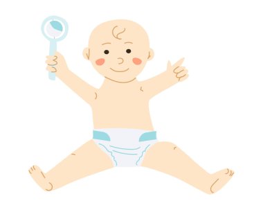 Bebek bezli, çıngıraklı, el ele tutuşan tatlı bir oğlan. Vektör illüstrasyonu izole edildi. Çıngırakla oynayan sevimli çocuk.. 