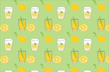 Parlak limonata ve dikişsiz limon deseni. Yeşil arka plan, taze içecek ve limon dilimleri üzerine vektör illüstrasyonu. 