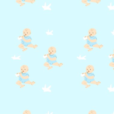 Küçük çocuk ve çocuk şişesinin bebek geçmişi. Mavi arkaplanda vektör çizimi. Yürüyen çocuğuyla şirin, pürüzsüz desen.. 