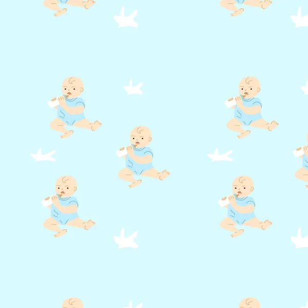 Baby Background Small Boy Kids Bottle Vector Illustration Blue Background — Stock Vector