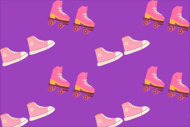 Hoş popo arka plan - spor aktivitesi tekerlekli ve ayakkabılı. Mor arkaplanda vektör çizimi. Parlak vektör çizimi pürüzsüz desen. 