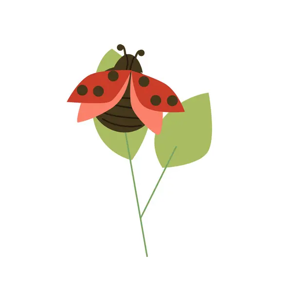Lindo Mariquita Rojo Insecto Animal Hoja Verde Ilustración Vectorial Aislada — Archivo Imágenes Vectoriales