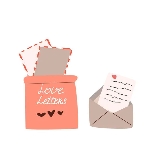 Carta Amor Con Sobre Buzón Con Letras Ilustración Vectorial Conjunto — Vector de stock
