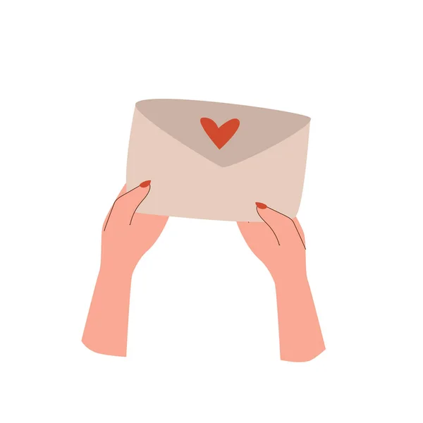愛の手紙を受け取るという概念 ハートのある封筒を持った女性の手 ベクトルイラスト — ストックベクタ