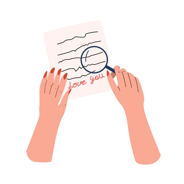 Female Hands Magnifying Glass Reading Love Letter Vector Illustration Female — Stock Vector