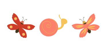 Bir grup güzel hayvan böcek, kelebekler ve pembeli salyangoz. Vektör çizimi izole edildi. 