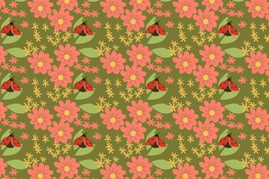 Uğur böcekleri ve papatya çiçekleriyle kusursuz desenleri tekrarla. Yeşil arkaplanda vektör çizimi. Duvar kağıtları, bebek geçmişleri, tekstil için kullanılabilir.. 