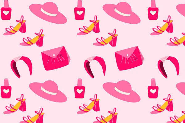 Moda aksesuarlı sevimli pembe aestetik desenli. Oyuncak bebek stilinin pembe moda renkleri üzerine vektör illüstrasyonu, 2000 yıl. 