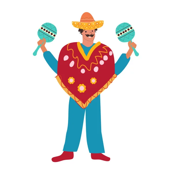 Hombre Mexicano Personaje Con Maracas Sombrero Personaje Dibujos Animados Planos — Vector de stock