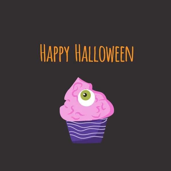 Söta Gratulationskort Happy Halloween Med Maffin Med Hjärnor Och Ögonbollar — Stock vektor
