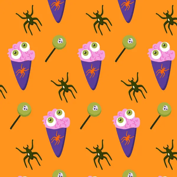 Modèle Orange Mignon Halloween Nourriture Zombie Illustration Vectorielle Avec Crème — Image vectorielle