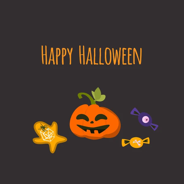 Söt Halloween Bakgrund Med Pumpa Och Sötsaker Vektor Illustration Svart — Stock vektor