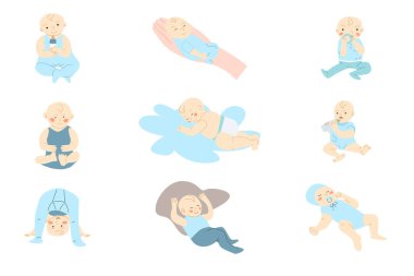 Mavi elbiseli ve bebek bezi takmış dokuz sevimli çocuk ve yeni doğmuş bebek. Vektör illüstrasyonu izole edildi. Sevimli küçük erkek çocuklar uyur, oynar, yer.. 