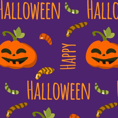 Cadılar bayramı balkabağıyla kusursuz bir sonbahar şekeri arka planı. Çizgi film tarzında mor arkaplanda vektör illüstrasyonu. 