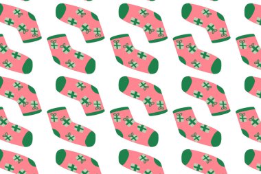 Pembe çoraplı ve hediyeli kış tatili geçmişi. Modaya uygun pembe renkli vektör illüstrasyonu. Noel hediyesi ya da Noel arkaplanı. 