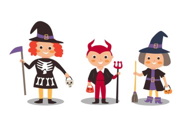 Cadılar Bayramı kostümü giymiş çocuklar, Cadılar Bayramı partisi için kullanılabilir. Beyaz arkaplanda vektör illüstrasyonu. 