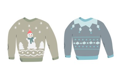 İskandinav desenli iki kazak, kardan adam. Vektör illüstrasyonu