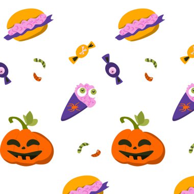 Zombi yemeğinin şirin bir örneği. Örümceklerden, kabaklardan, solucanlardan, hamburgerlerden oluşan bir vektör çizimi. 